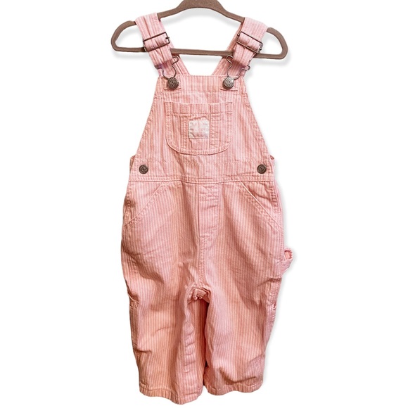 Lakin McKey brand pink and white girls Striped train Overalls  Size 9 months - Picture 1 of 9